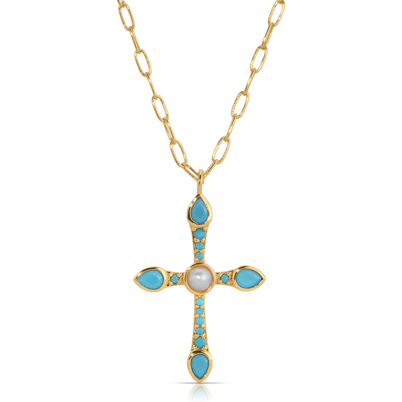 Camille Cross Necklace - Turquoise and Pearl