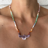 Rainbow Opal & Carved Stone Eagle Necklace - Purple