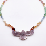 Rainbow Opal & Carved Stone Eagle Necklace - Purple