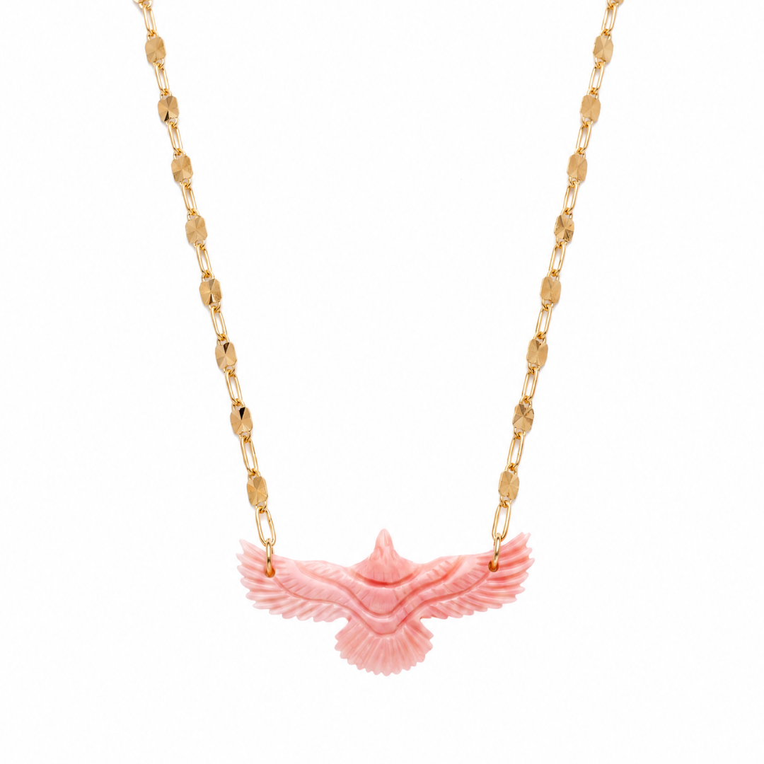 Solara Thunderbird Necklace in pink conch on a gold-filled chain