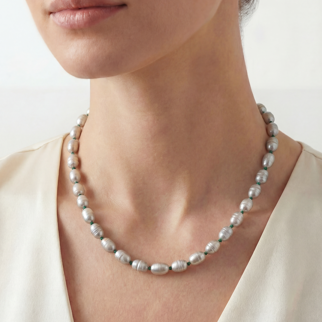 Freshwater Grey Pearl Necklace with Emerald Silk