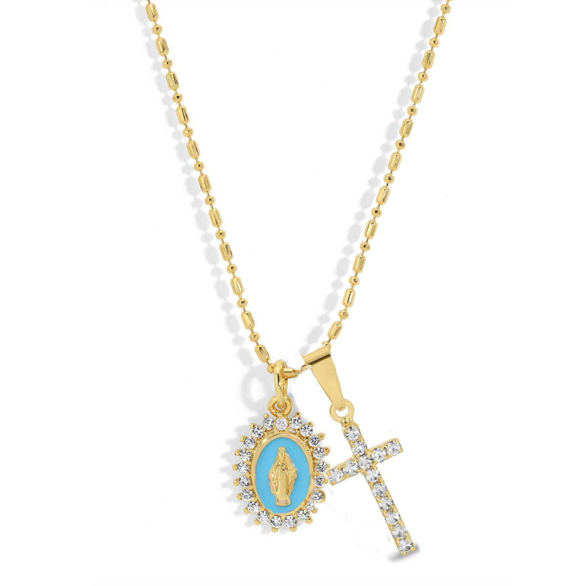 Aqua Virgin Maria multi-charm necklace with Marian and cross charms