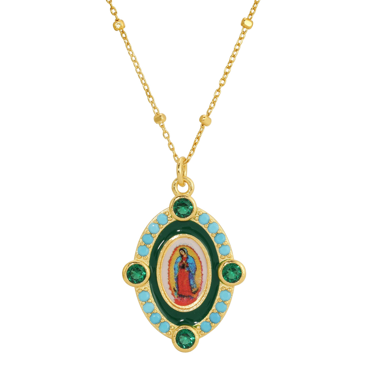 Emerald Our Lady of Guadalupe pendant necklace in gold