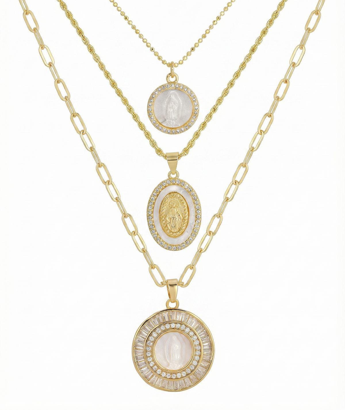 Holy Mother Mary necklace stack with layered Marian pendants