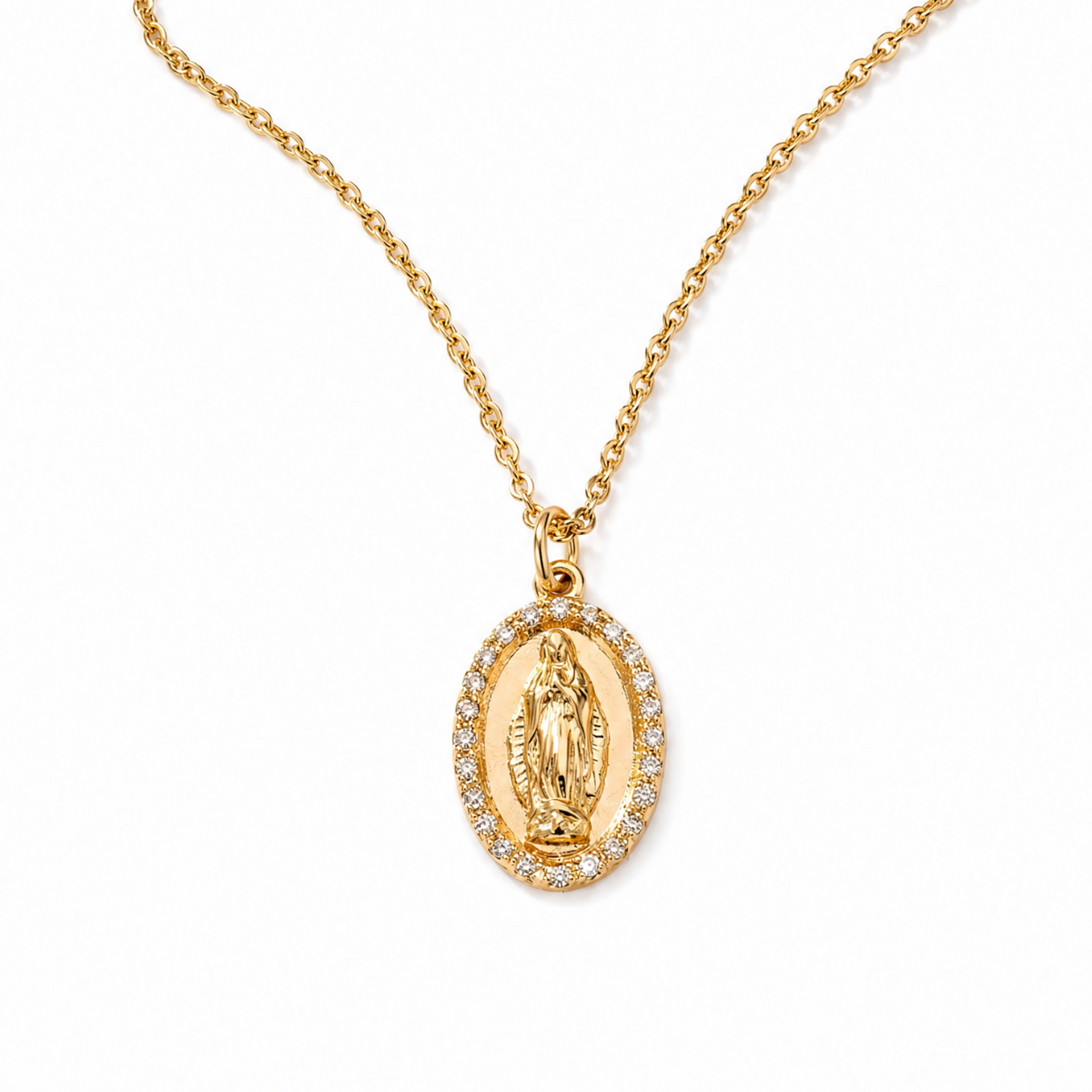 Saint Mary gold pendant necklace on a clean background