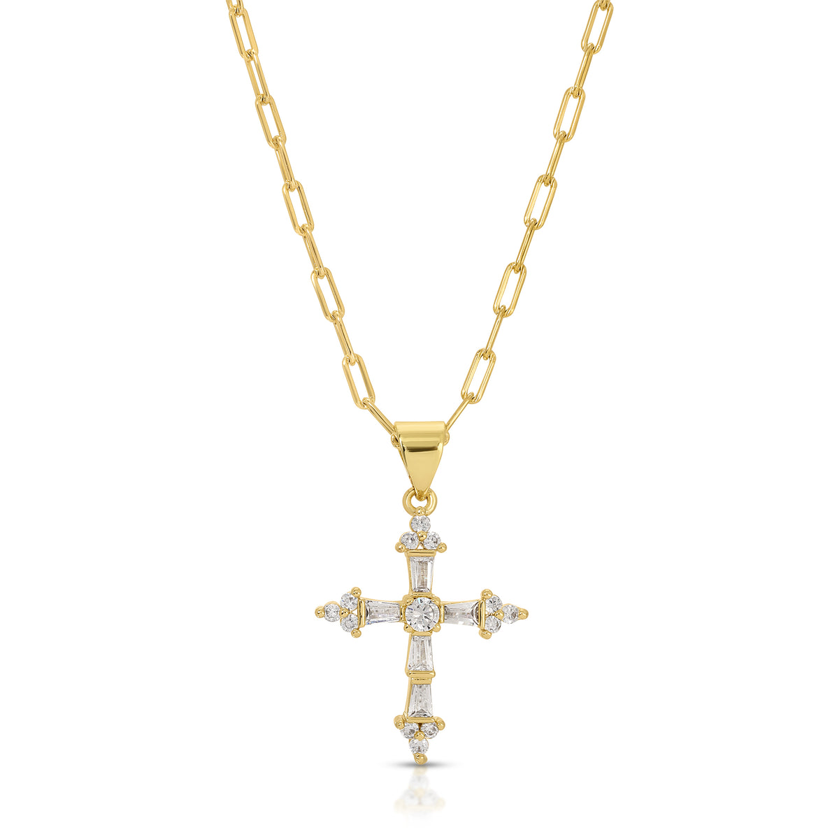 Princess Cross gold necklace on a clean studio background
