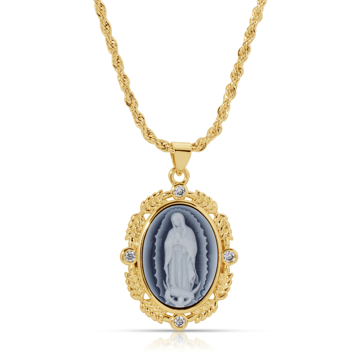 French Blue Cameo Mary necklace on a clean studio background