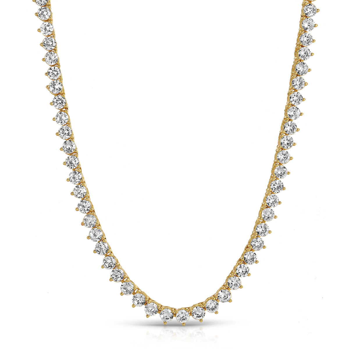 Naples three-prong gold tennis necklace on a clean studio background