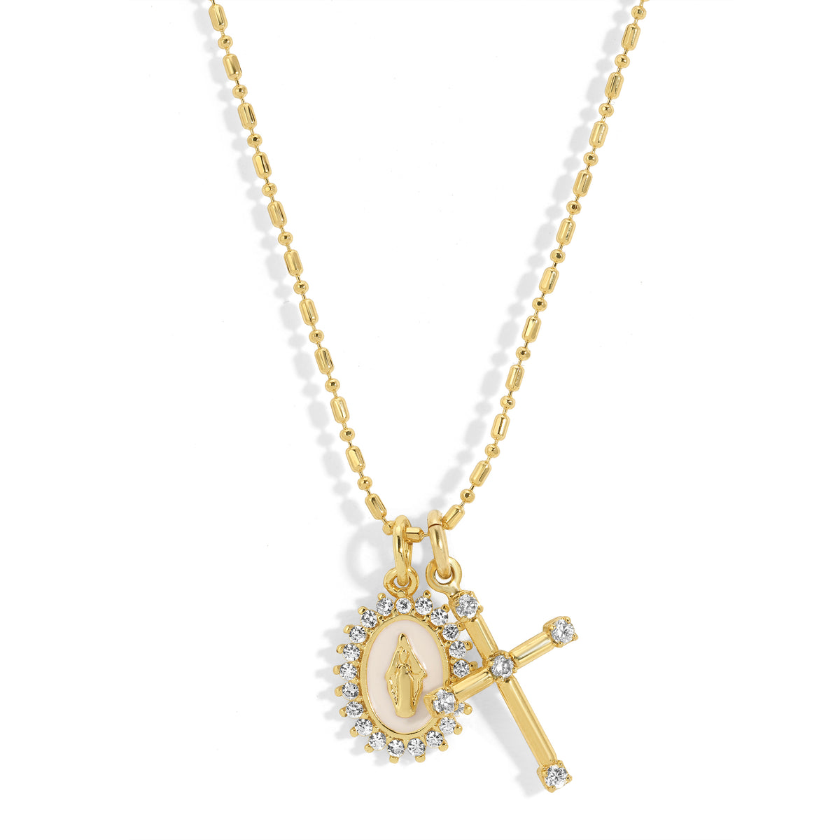 Virgin Maria white multi-charm necklace with Marian and cross pendants