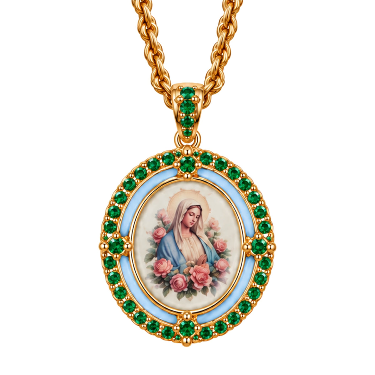 Marie Rose Necklace in Blue, an oval gold medallion with a Virgin Mary and pink roses portrait, framed in light blue enamel and emerald-green cubic zirconia, on a gold rope chain