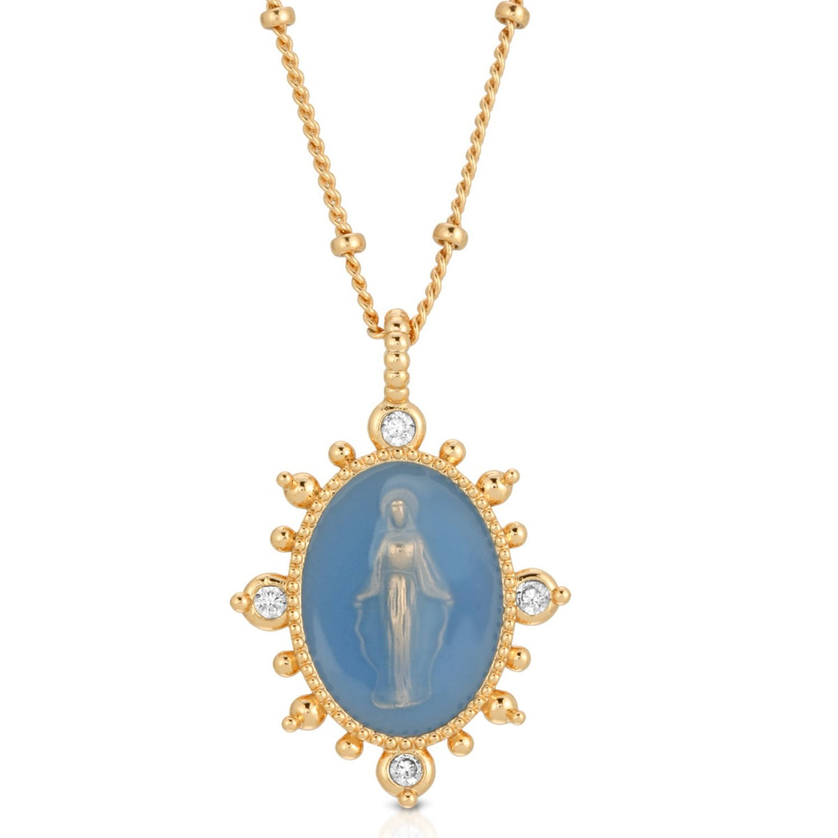 French Blue Lady Lourdes pendant necklace on a clean background