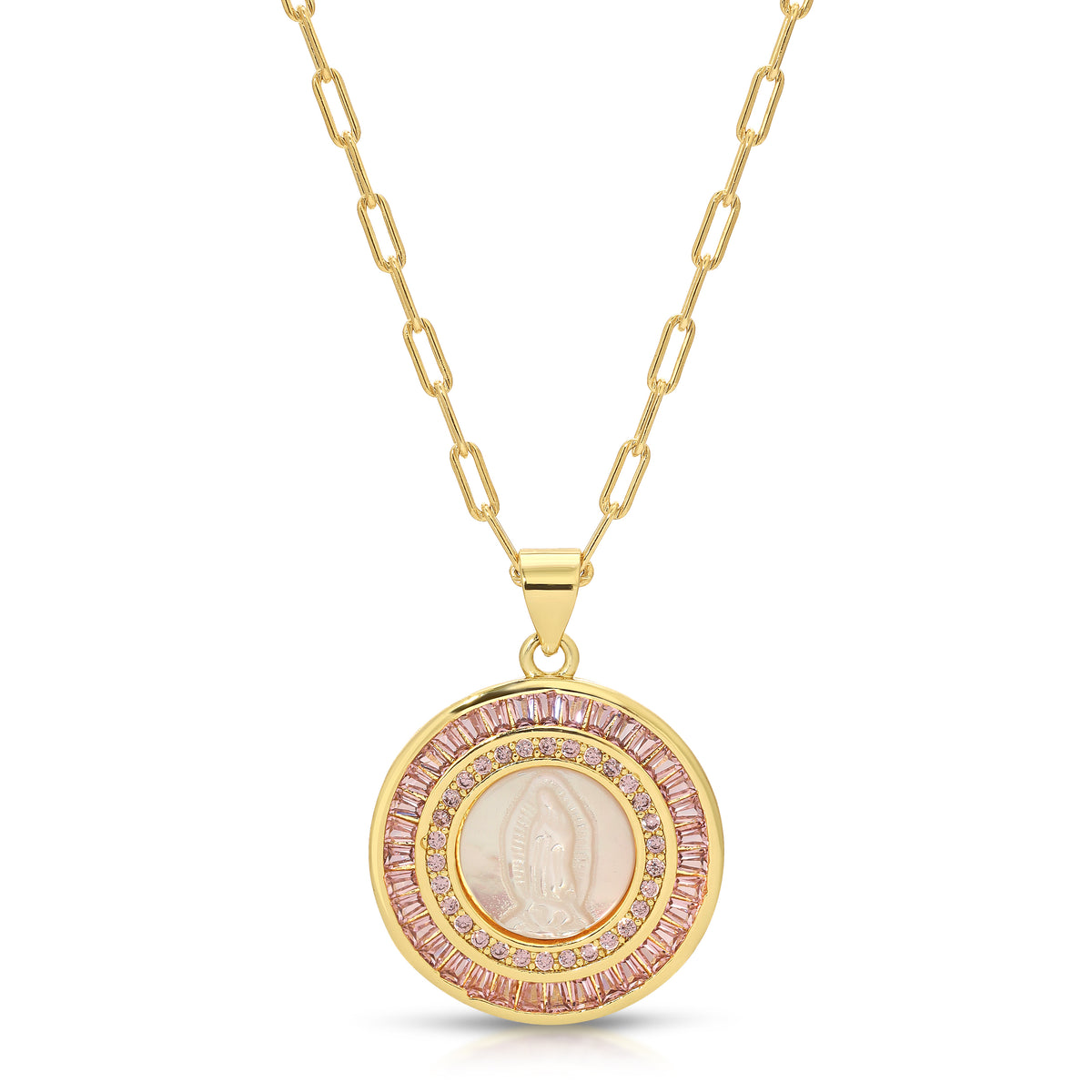 Pink Mother Mary pendant necklace on a clean studio background