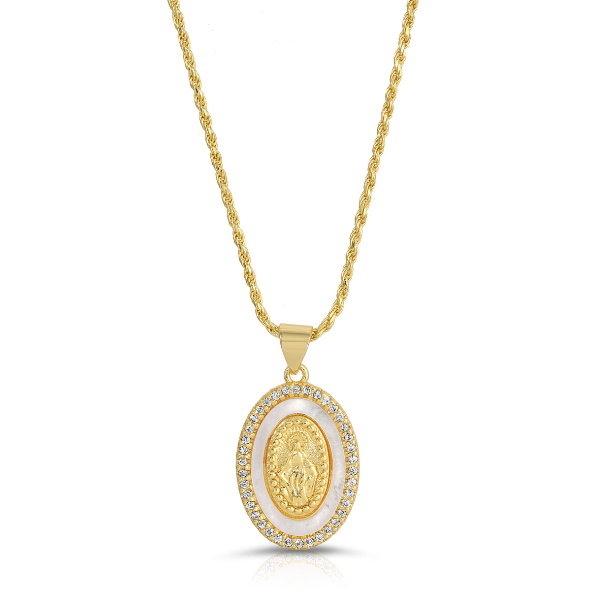 Holy Mother Mary gold pendant necklace on a clean studio background