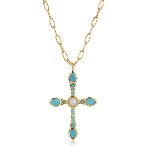 Camille Cross Necklace - Turquoise and Pearl