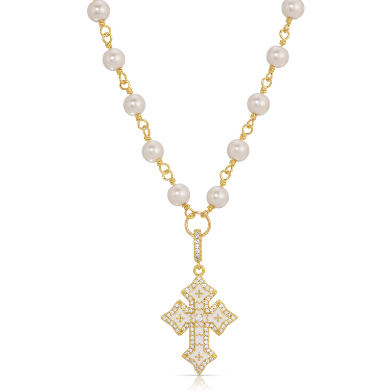 Enamel Cross Pearl Necklace