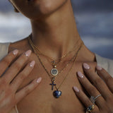 Joy Dravecky layered gold necklaces shown on model