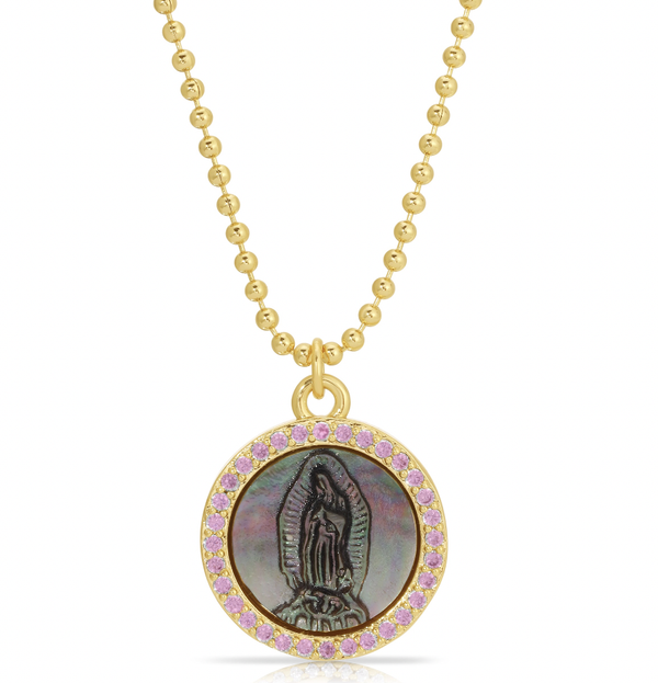 Petite Mother Mary Necklace - Black Pearl/ Pink