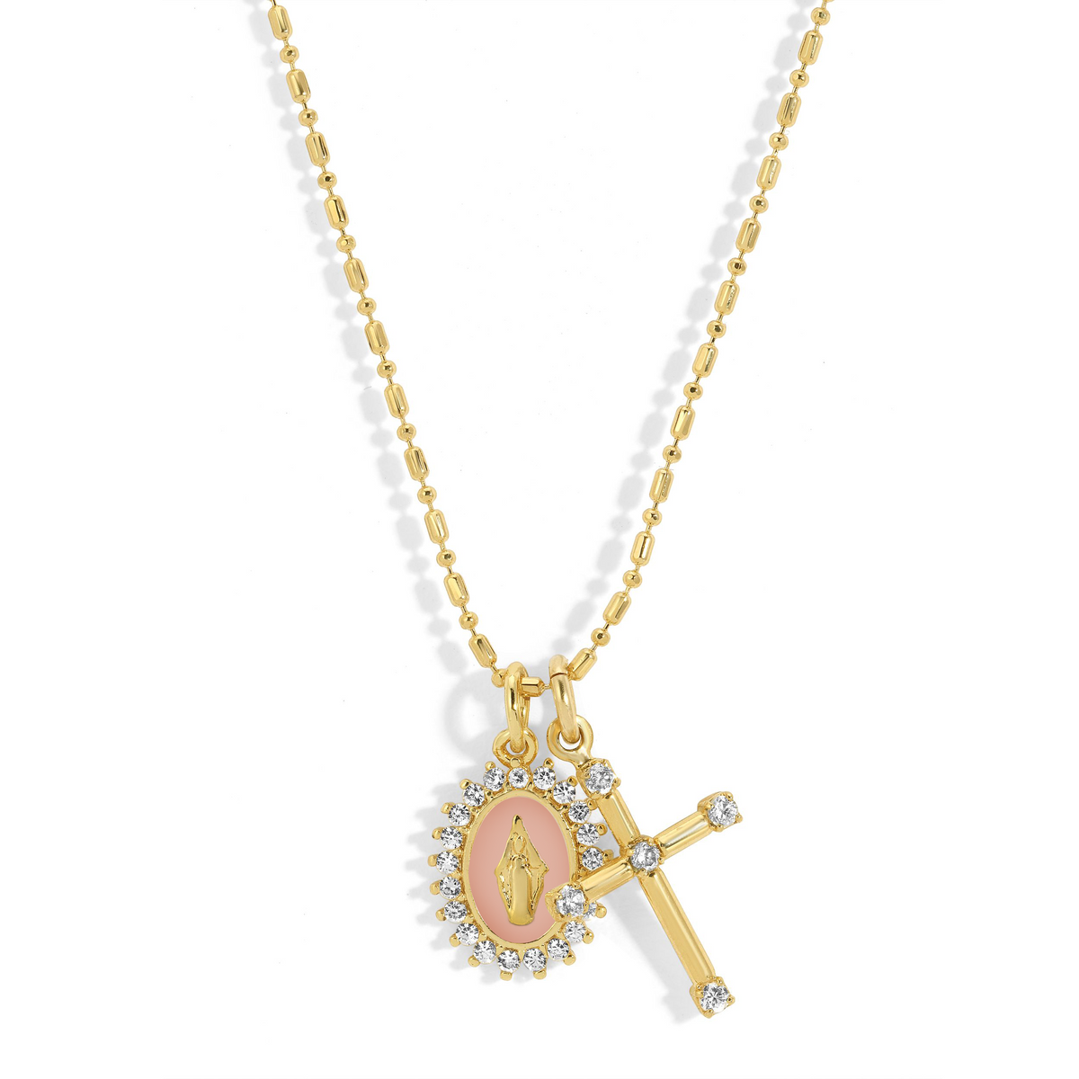 Baby pink Virgin Maria multi-charm necklace with Marian and cross charms