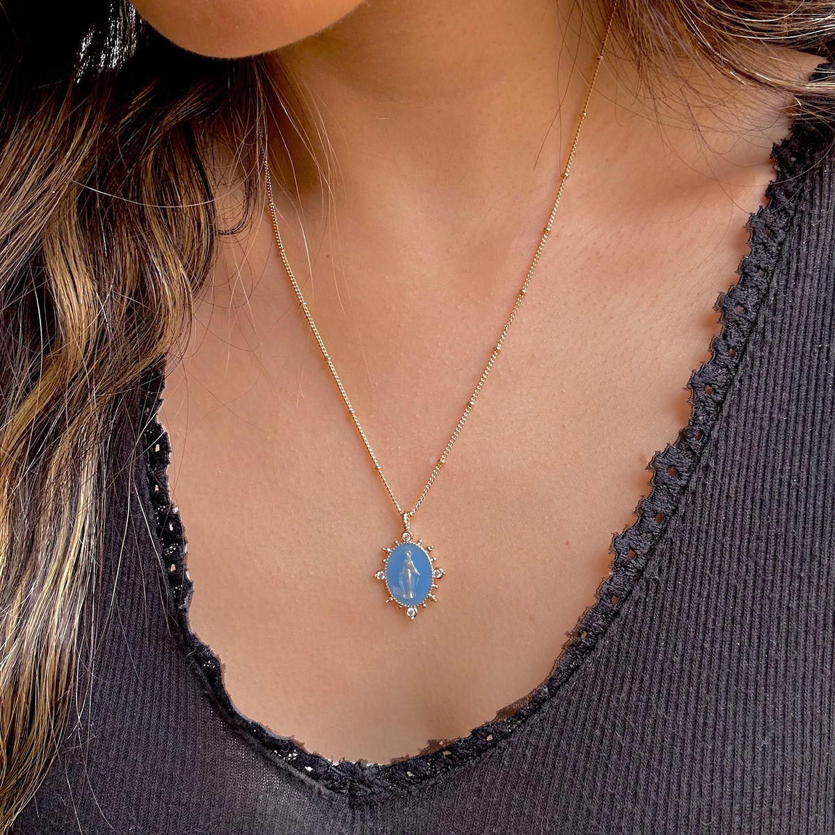French Blue Lady Lourdes pendant necklace styled for everyday wear