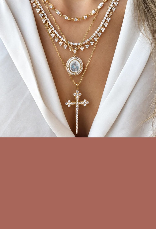 Joy wearing the Marie Rose and Athena CZ Cross in white - Holiday Pre-Order