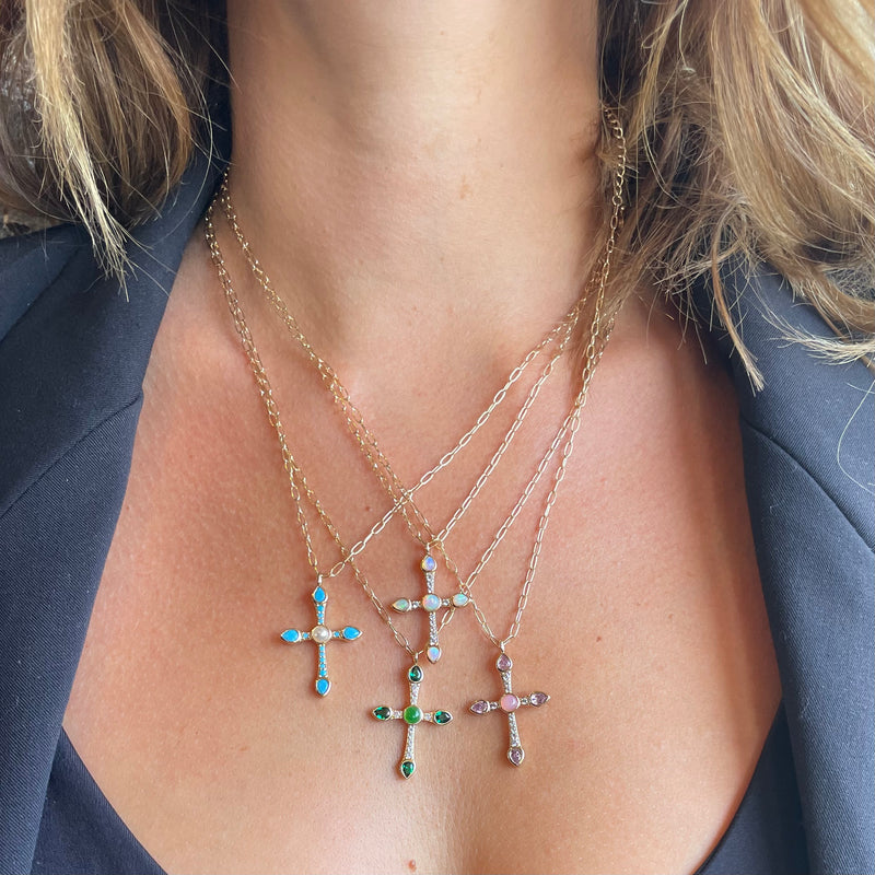 Camille Cross Necklace - Turquoise and Pearl – Joy Dravecky