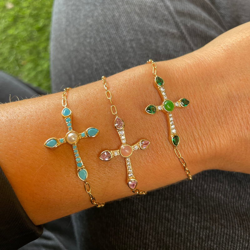 Camille Cross Bracelet - Pink Opal