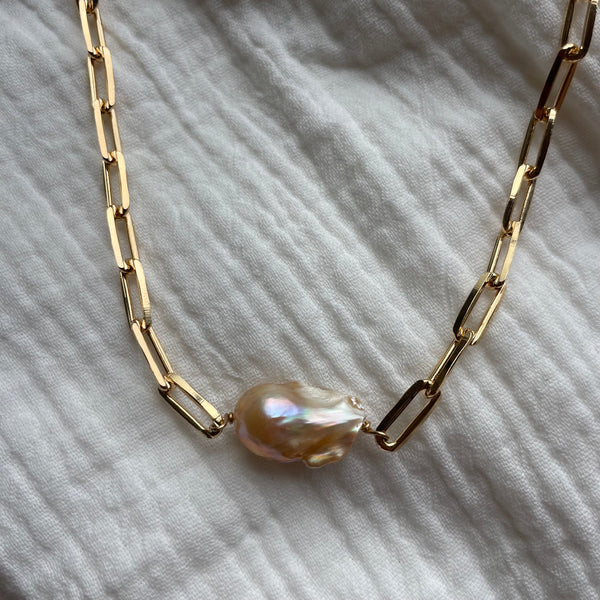 Peach Baroque Pearl and Paperclip Necklace