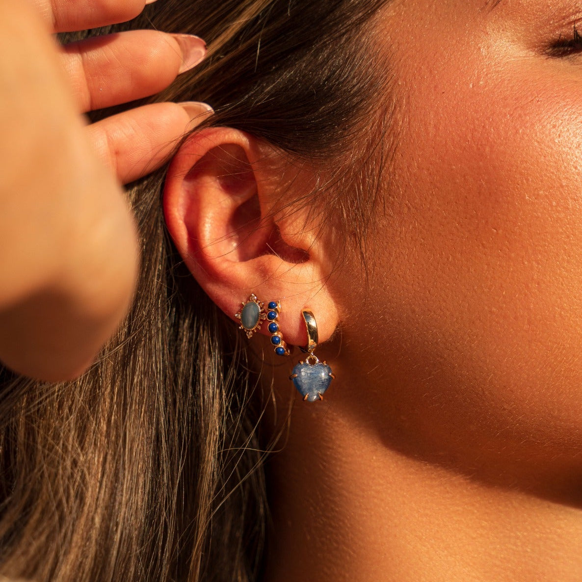 Joy Dravecky blue stone hoop earring styling