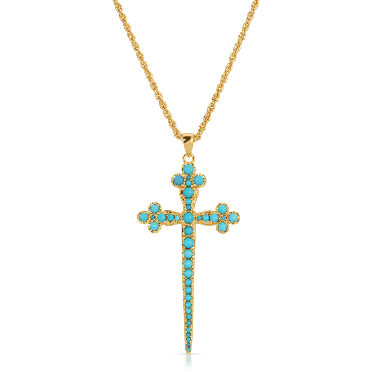 Athena Cross Necklace in Turquoise with a gold-tone chain on a white background