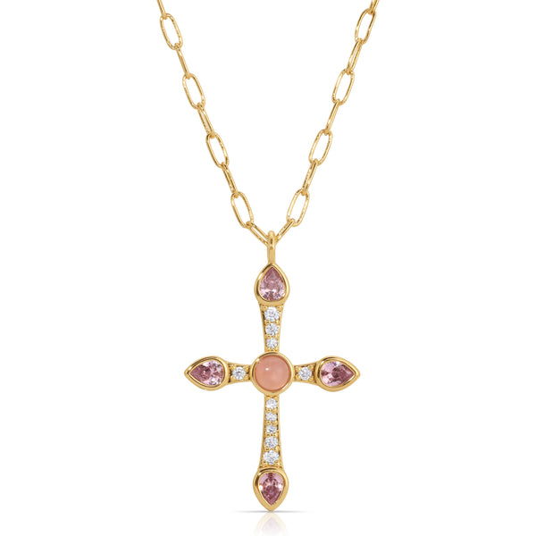 Camille Cross Necklace - Pink Opal