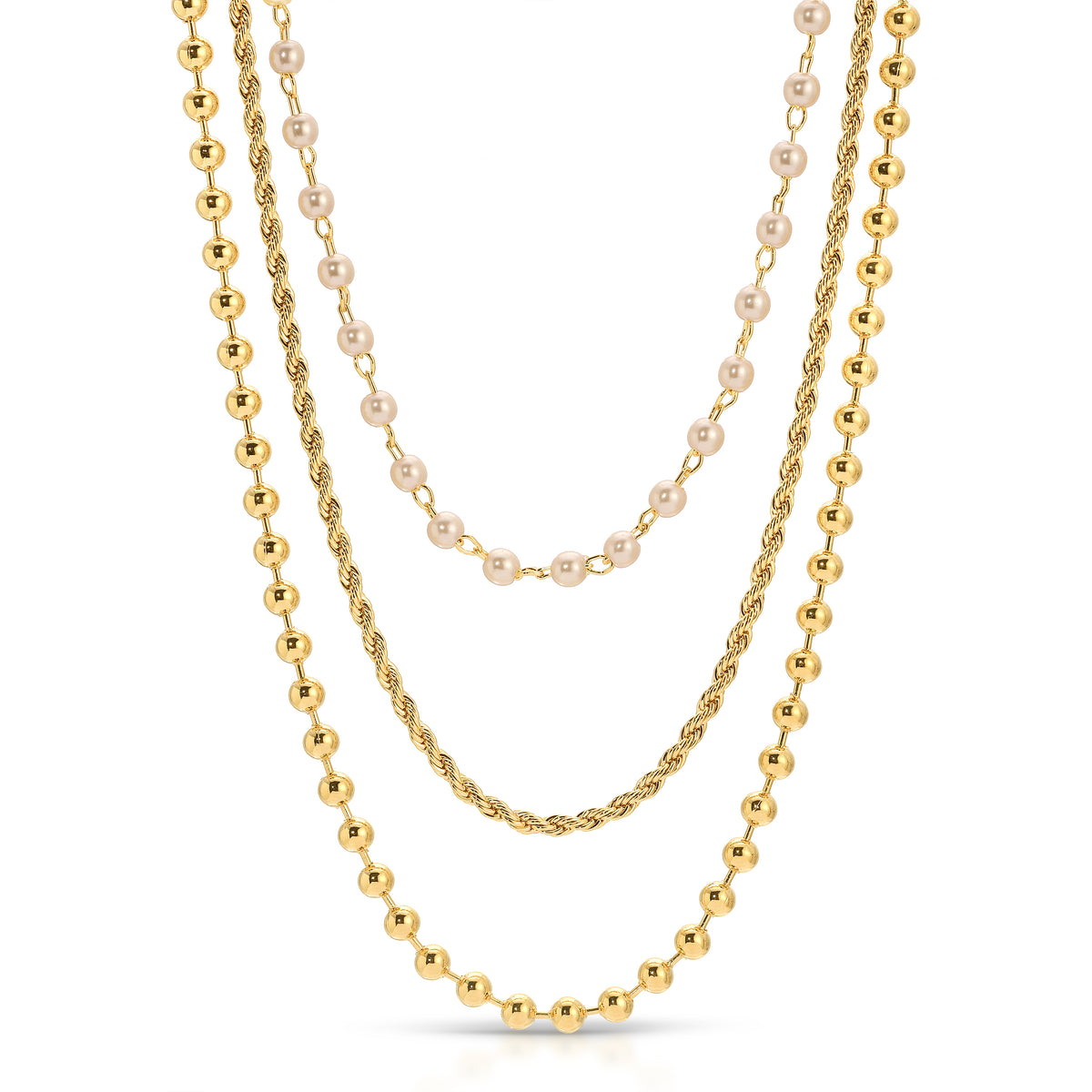 Pearl Trio layered necklace with gold chains and pearl accents