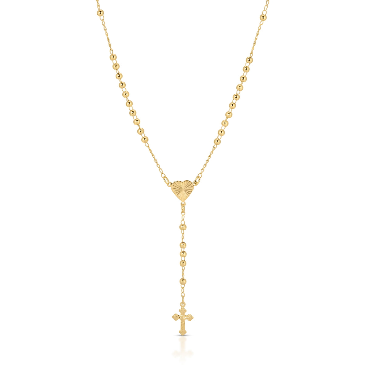 Heart of Devotion gold rosary necklace with cross and heart centerpiece
