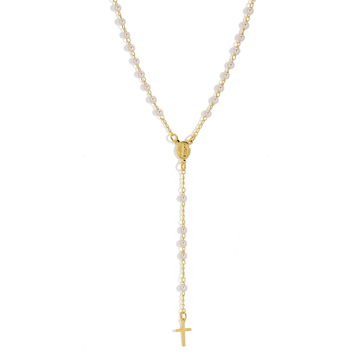 Pearl rosary necklace with gold cross and pearl beads