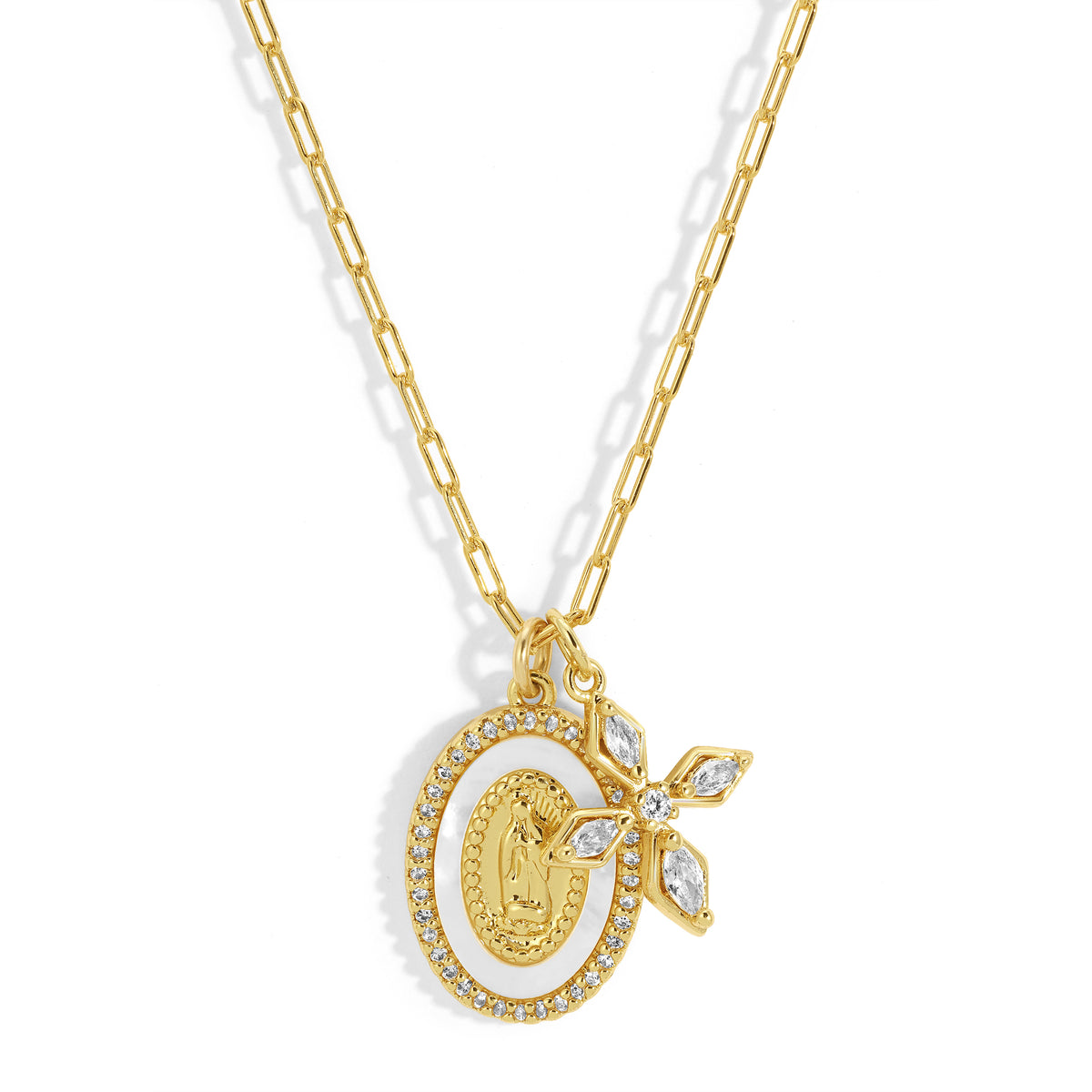 Rezar multi-charm necklace with gold faith-inspired charms