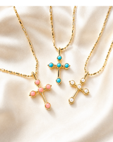 Bezel Stone Cross Necklace - Pearl