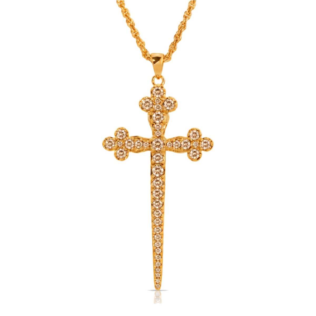 Athena Cross Necklace in Champagne CZ, a long gold cross with clover-shaped ends set with champagne cubic zirconia, on a gold chain