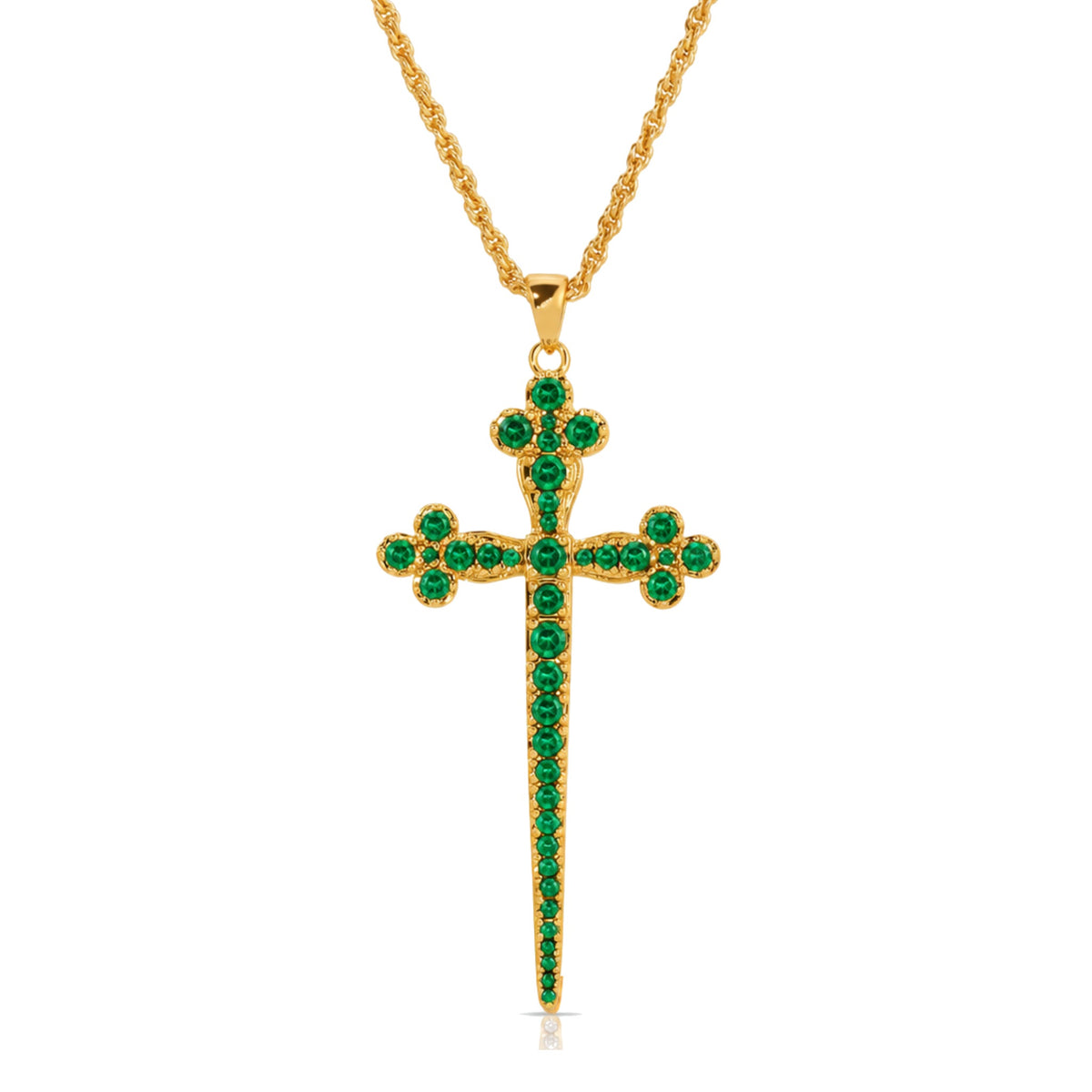 Athena Cross Necklace in Emerald CZ, a long gold cross with clover-shaped ends set with emerald-green cubic zirconia, on a gold chain