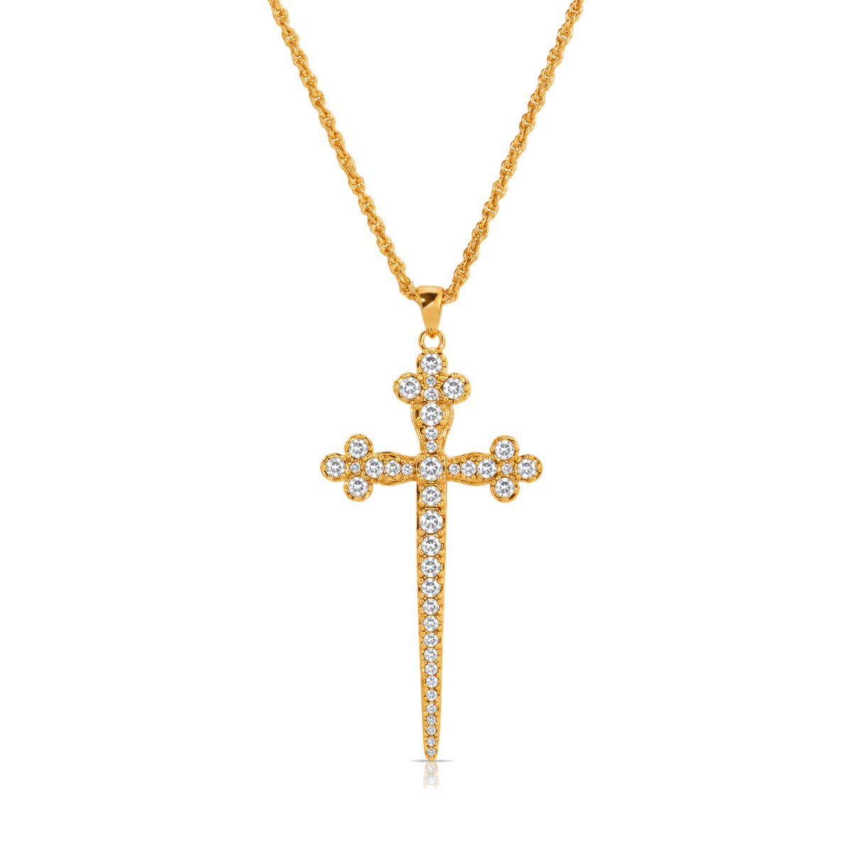 Athena Cross Necklace in White CZ, a long gold cross with clover-shaped ends set with white cubic zirconia, on a gold chain