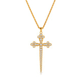 Athena Cross Necklace in White CZ, a long gold cross with clover-shaped ends set with white cubic zirconia, on a gold chain