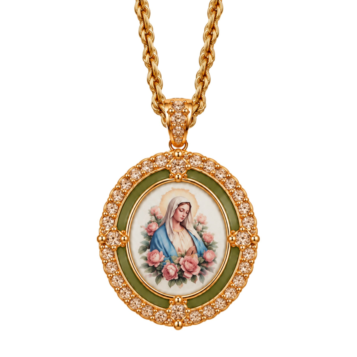 Marie Rose Necklace in Olive, an oval gold medallion with a Virgin Mary and pink roses portrait, framed in olive green enamel and dark champagne cubic zirconia, on a gold rope chain