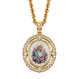 Marie Rose Necklace in White, an oval gold medallion with a Virgin Mary and pink roses portrait, framed in white enamel and white cubic zirconia, on a gold rope chain