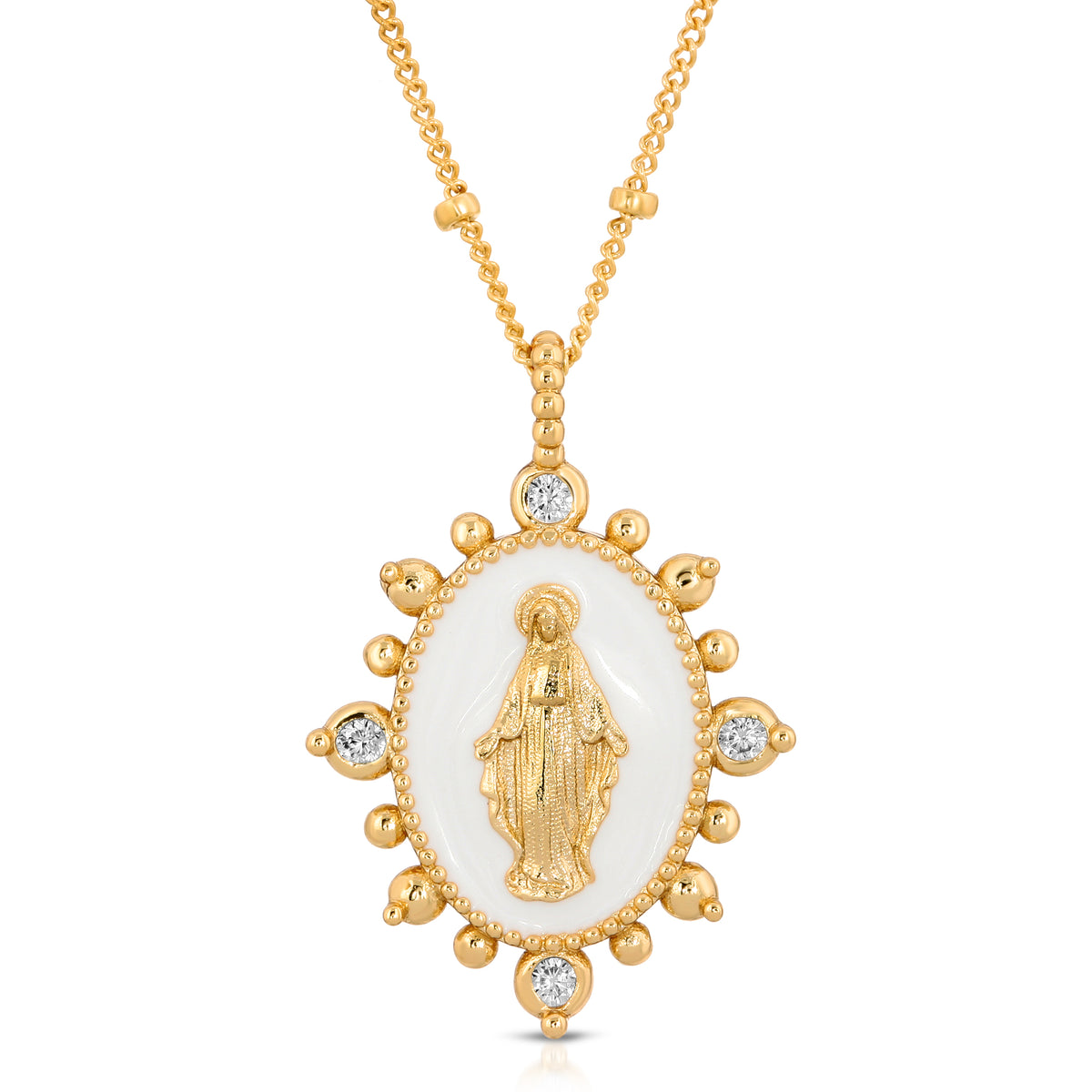 Lady Lourdes white enamel pendant necklace in gold