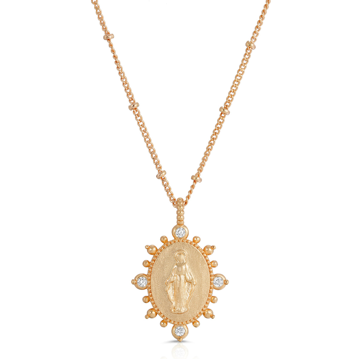 Lady Lourdes gold pendant necklace on a clean studio background