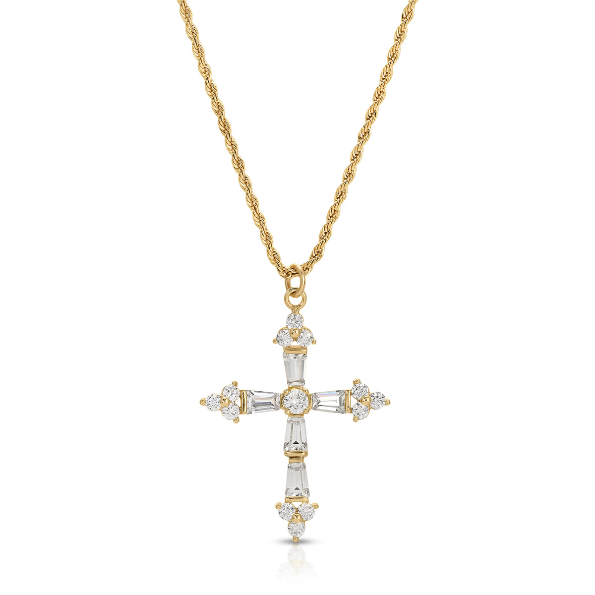 Queen's Cross gold necklace on a clean studio background