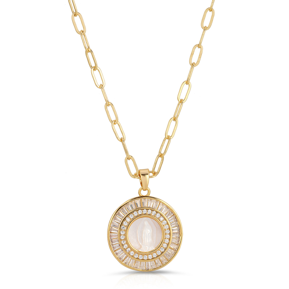 Mother Mary pearl pendant necklace in a polished gold setting