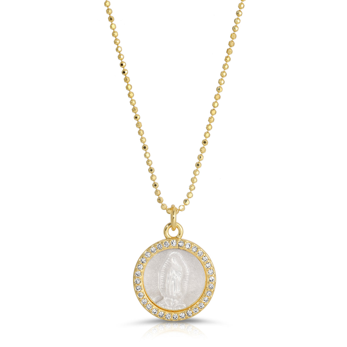 Petite Mother Mary gold pendant necklace on a studio background