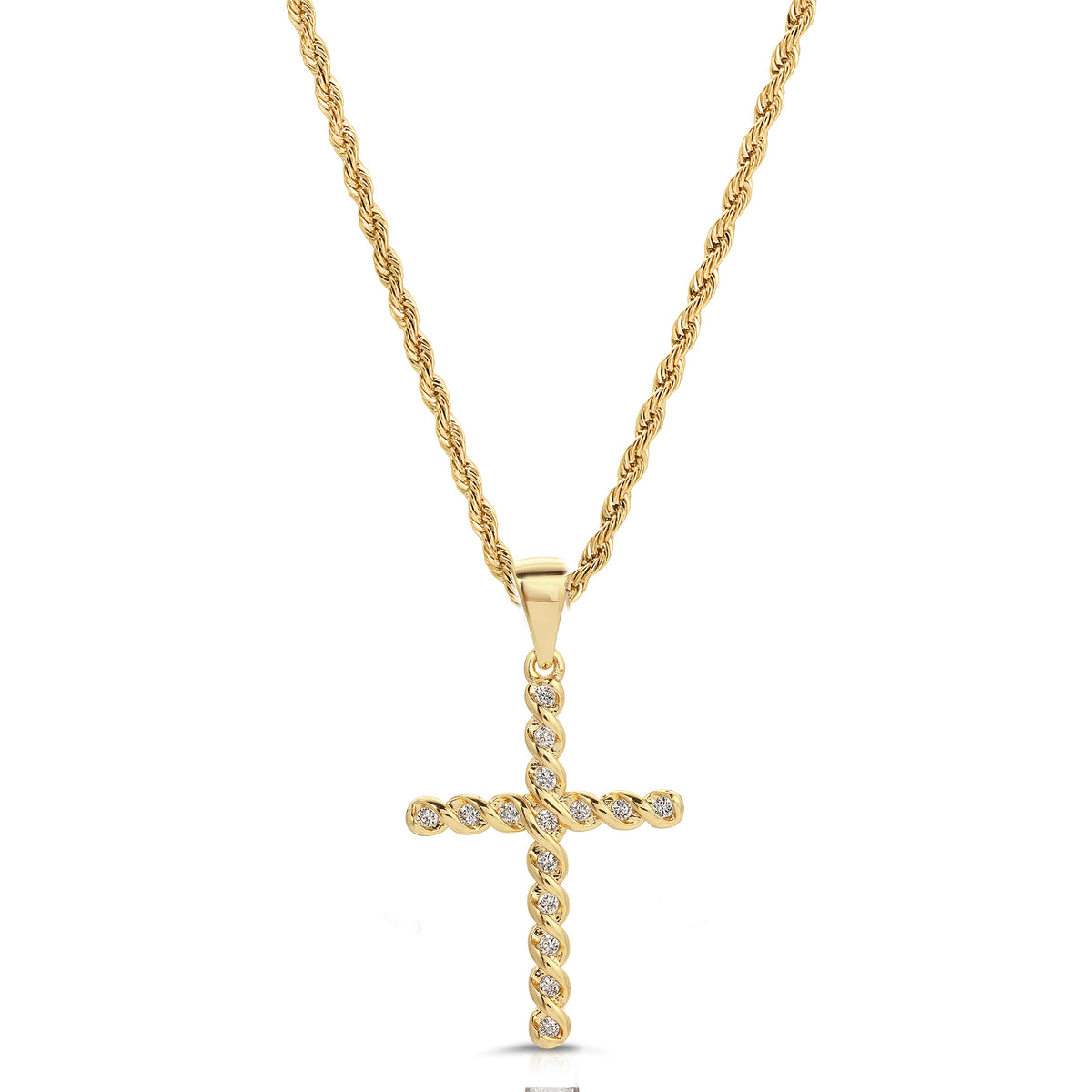 Vintage French Cross gold pendant necklace on a clean background
